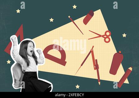 Composite photo collage of happy schoolgirl scream school supplies shopping pencil eraser ruler scissors isolated on painted background Stock Photo