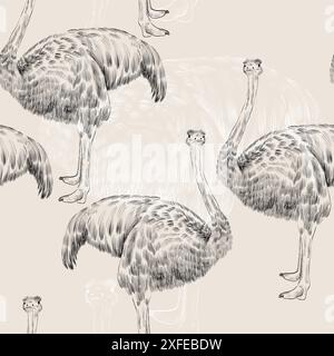 Vector sketch ostrich on the beige background. Seamless pattern Stock Vector
