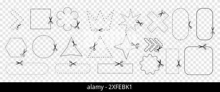 Set of scissors cutting geometric shapes. Cut here symbols. Stock Vector