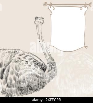 Vector sketch ostrich on the beige background. Stock Vector