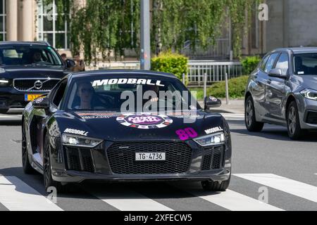 Luxembourg City, Luxembourg - View on a black Audi R8 V10 Plus driving on a road. Stock Photo