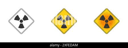 Radiation symbol. Outline, flat yellow, and yellow with grunge texture. Flat vector illustration. Stock Vector