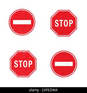 Set of stop signs with grunge texture. Flat vector illustration. Stock Vector