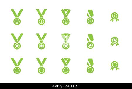 Medal icon set. Green color pictograms isolated on a white background. Honor, Awards and Achievements signs. Winner emblem symbo. Flat vector illustra Stock Vector