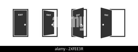 Open and closed office doors with exit label. Door icons set. Open, close and ajar door. Doors collection. Opened entrance door set. Flat vector illus Stock Vector