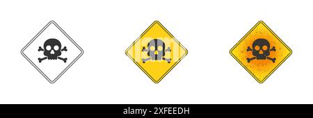 Hazard sign in yellow color with crossbones and grunge texture. Danger sign. Toxic warning symbol. Skull icon. Vector illustration Stock Vector