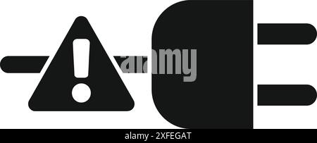 Black and white icon of an electric plug showing an exclamation point warning sign Stock Vector