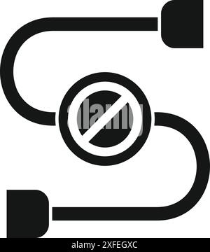 Black and white icon of a cable being disconnected, indicating a stop to connecting wires Stock Vector