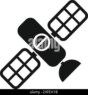 Simple black and white icon of a space satellite orbiting the earth and transmitting signals Stock Vector