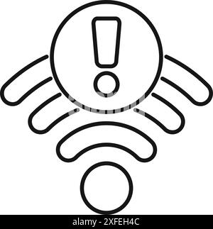Simple black and white icon of a wifi symbol showing an exclamation point warning of internet problems Stock Vector
