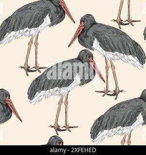 herons sketch on a beige background. Seamless pattern Stock Vector