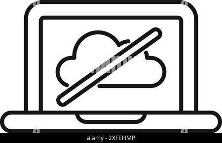 Minimalist outline icon of a laptop showing a crossed out cloud computing symbol, representing lack of internet connection Stock Vector