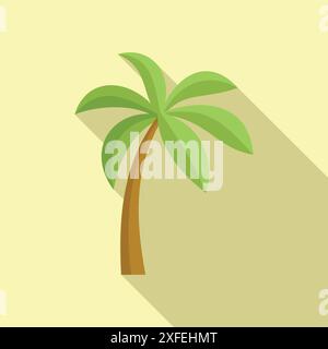 Minimalist illustration featuring a green palm tree, casting a long shadow against a yellow background, evoking a sense of tropical tranquility Stock Vector