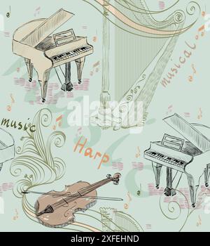 hand drawn seamless pattern of classical musical instruments. Musical background Stock Vector