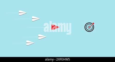 Red airplane flying towards target on light blue background, The concept of leadership, achieving the goal, Success, risk management. Stock Photo