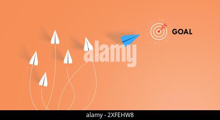 The concept of leadership, Blue airplane flying towards target on orange background, Achieving the goal, Success, Risk management, New ideas creativit Stock Photo