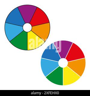 Color wheel illustrations. Bright segmented circles. Multicolor vector design. Graphic palette symbols. Stock Vector
