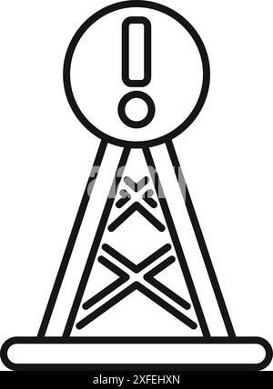 Black and white line drawing of a warning exclamation point sign displayed on a metal structure Stock Vector