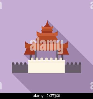Traditional chinese gate standing behind a wall, flat style icon with long shadow Stock Vector