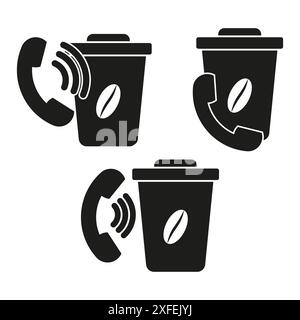 Coffee cup phone. Silhouette black icon. Communication concept. Vector illustration. Stock Vector