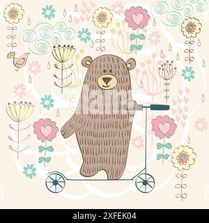 greeting card with cartoon bear on a scooter Stock Vector