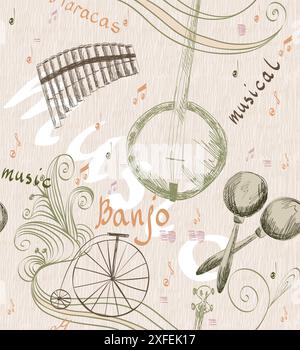 Hand drawn seamless pattern of classical musical instruments. Musical background Stock Vector