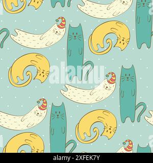 Cartoon cats. Hand Drawn illustration. Seamless pattern Stock Vector