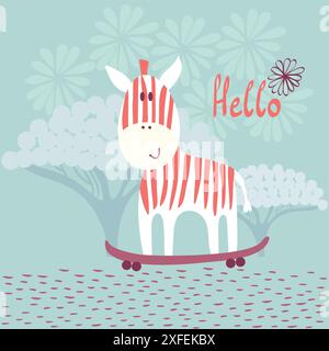 Childish card. Cute zebra on a skateboard Stock Vector