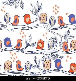 Birds sitting on a tree branch. Seamless pattern Stock Vector