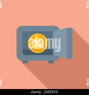 Illustration depicting a safe box containing a golden coin with a percent symbol, representing safe investment and interest growth Stock Vector