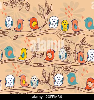 Birds sitting on a tree branch. Seamless pattern Stock Vector