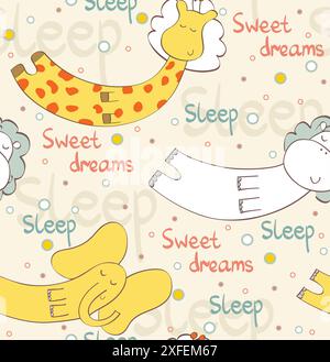 Cartoon Sleeping animals. Cute Hand Drawn seamless pattern Stock Vector