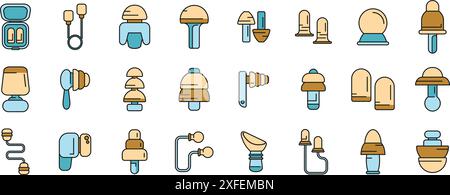 Earplugs icons set outline vector. Care device. Ear protection thin line color flat on white Stock Vector