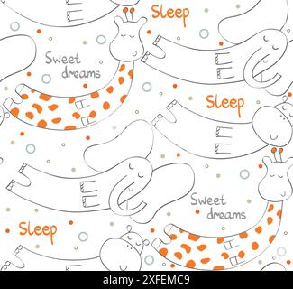 Cartoon Sleeping animals. Cute Hand Drawn seamless pattern Stock Vector