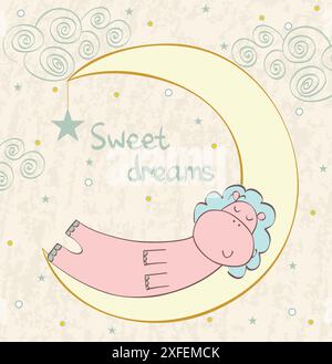 Cartoon Sleeping hippopotamus. Cute Hand Drawn illustration Stock Vector