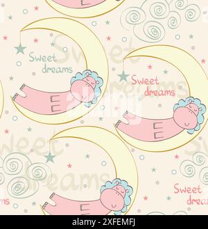 Cartoon Sleeping hippopotamus. Cute Hand Drawn seamless pattern Stock Vector
