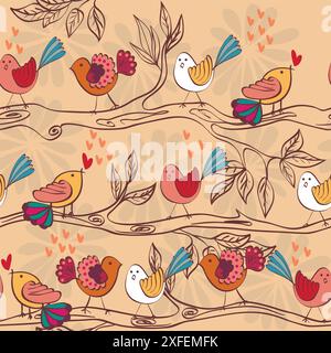 Birds sitting on a tree branch. Seamless pattern Stock Vector