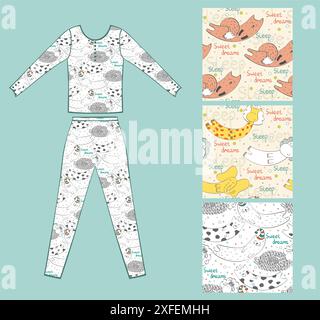 Set of seamless pattern with sleeping animals pajamas Stock Vector