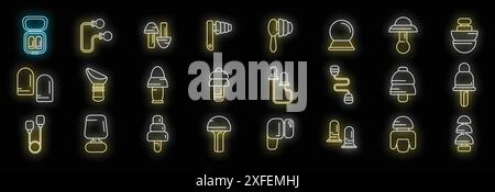 Earplugs icons set outline vector. Care device. Ear protection neon color on black Stock Vector