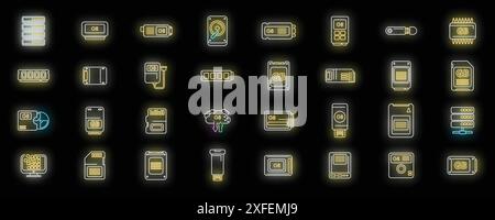 Gigabyte icons set outline vector. Big data. Cyber disk neon color on black Stock Vector
