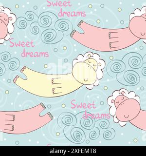 Cartoon Sleeping hippopotamus. Cute Hand Drawn seamless pattern Stock Vector