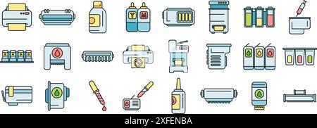 Cartridge filling icons set outline vector. Computer copier. Device digital thin line color flat on white Stock Vector