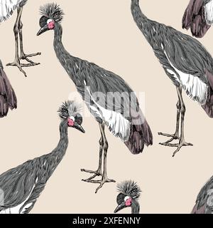 Crowned Crane sketch on a beige background. Seamless pattern Stock Vector