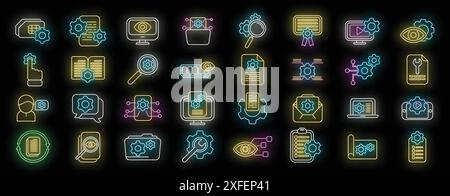Technical overview icons set outline vector. Phone specification. Camera memory neon color on black Stock Vector