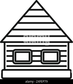 Line art icon of a small wooden bungalow featuring two square windows and a triangular roof Stock Vector