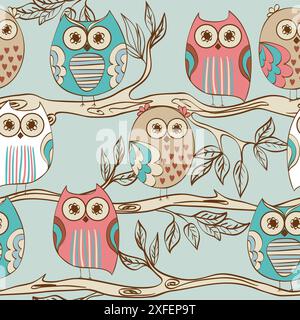 Owls sitting on a tree branch. Seamless pattern Stock Vector