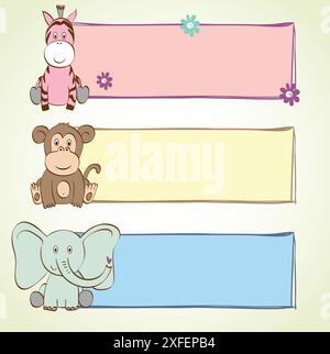 hand drawn baby banners with cartoon animals Stock Vector