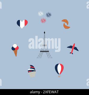 Happy Bastille Day 14 july vector illustration. French Flag, airplanes and Eiffel in flat design. Bonne Fete Nationale. Stock Vector