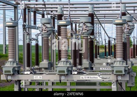 insulators at the Avacon substation in Helmstedt, Germany, Lower Saxony, Helmstedt Stock Photo