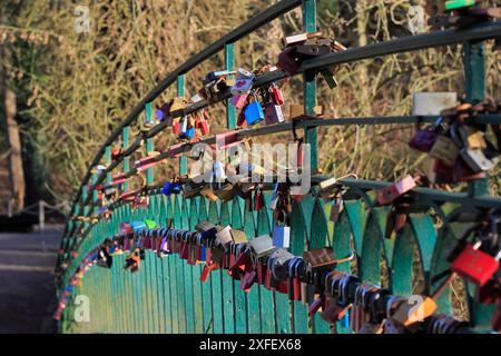 love locks on the bridge railing, Germany, North Rhine-Westphalia Stock Photo
